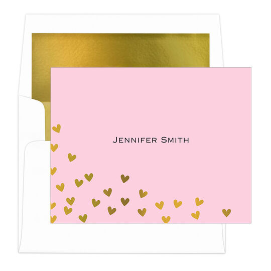 Pink Floating Gold Foil Hearts Foldover Note Cards with Lined Envelopes